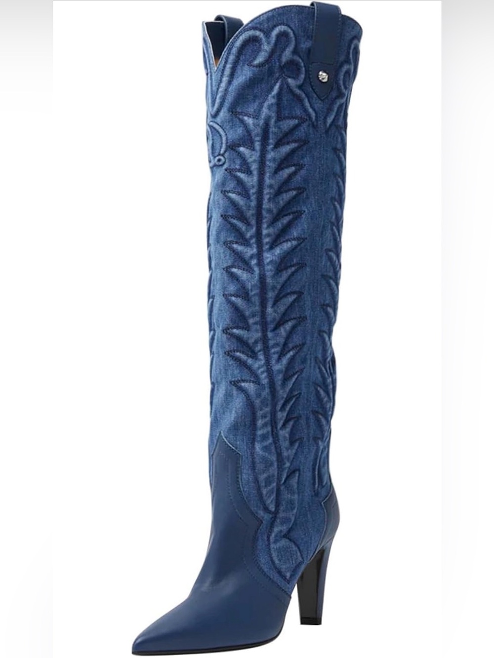 NEW Without Tags Blue Denim Embroidered Knee-High Jeans Boot 10.5